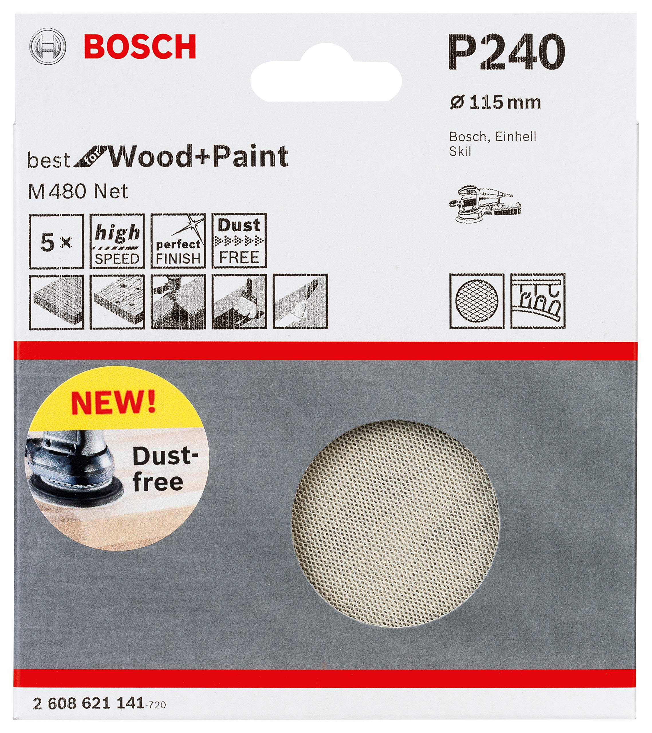 Bosch Professional Set of 5 Sanding Sheets M480 Best for Wood and Paint (Wood and Paint, Ø 115 mm, grit G240, Accessories for Random Orbit Sander)