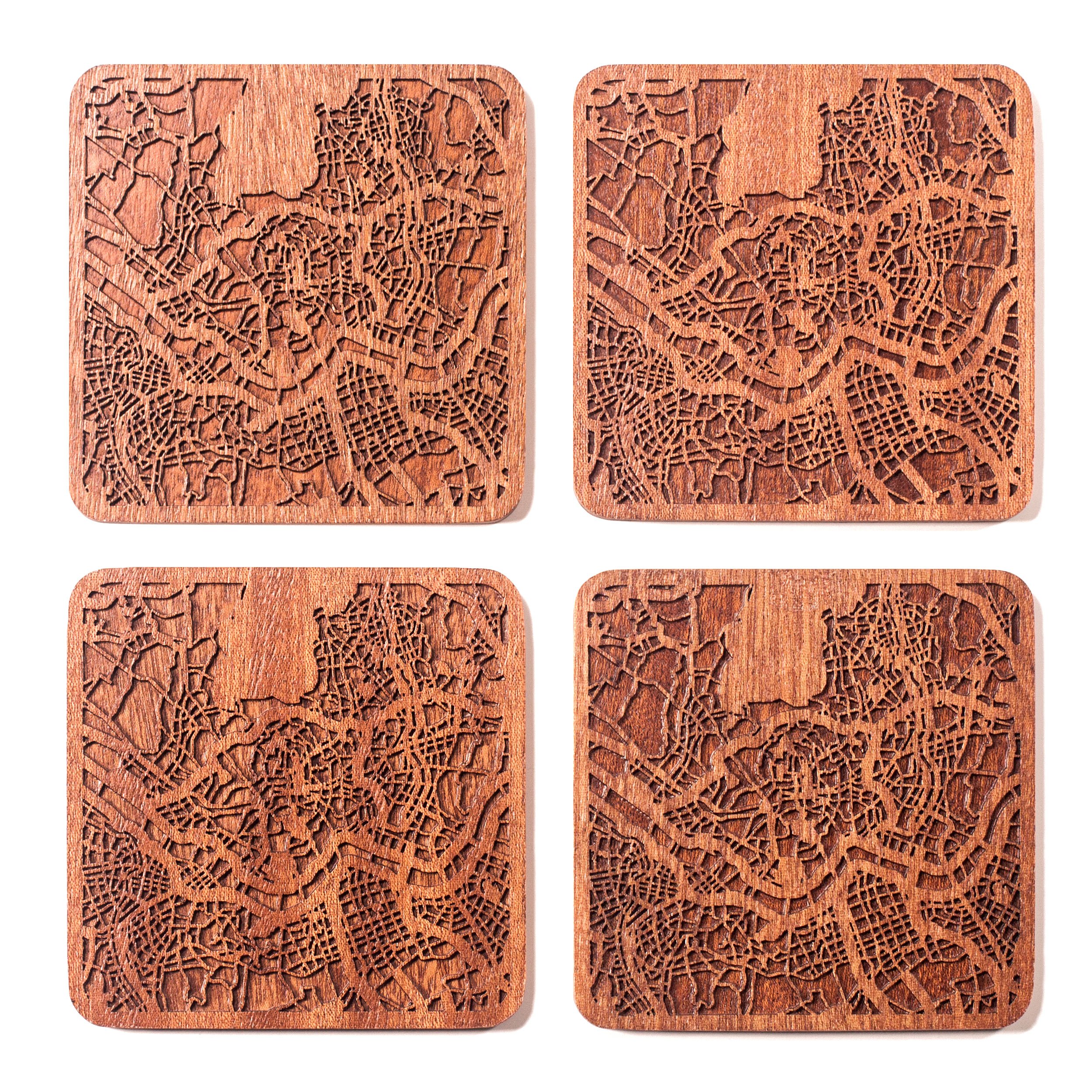 Seoul Map Coaster, Set of 4, Sapele Wooden Coaster with City Map, Handmade