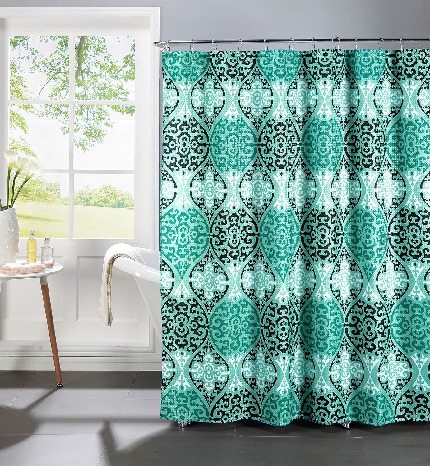 Creative Home Ideas Elsa Textured Shower Curtain with Metal Roller Hooks, Aqua/Black