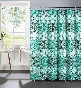 Creative Home Ideas Elsa Textured Shower Curtain with Metal Roller Hooks, Aqua/Black