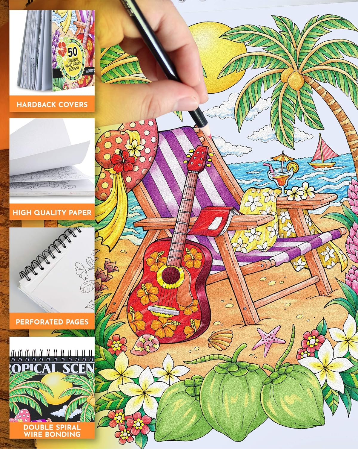 ColorIt Colorful Tropical Scenes Adult Coloring Book, 50 Single-Sided Designs, Thick Smooth Paper, Lay Flat Hardback Covers - Image 3
