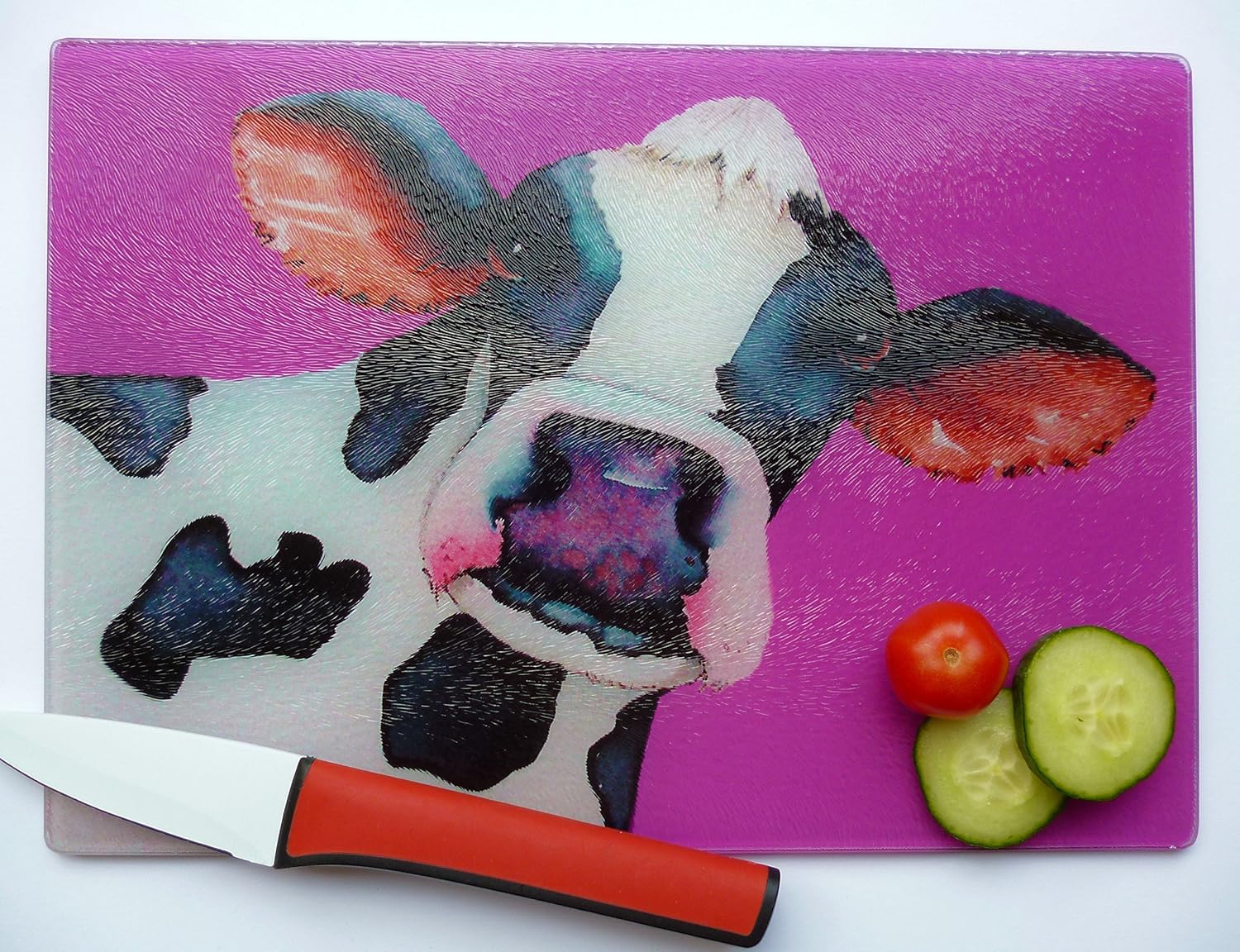 Unique Magenta Glass Chopping Board with a COW design by Maria Moss Amazon.co.uk Handmade