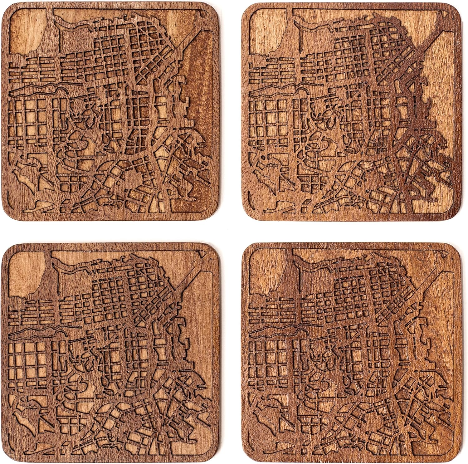 San Francisco Map Coaster by O3 Design Studio, Set Of 4, Sapele Wooden Coaster With City Map, Handmade