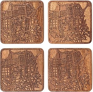 San Francisco Map Coaster by O3 Design Studio, Set Of 4, Sapele Wooden Coaster With City Map, Handmade