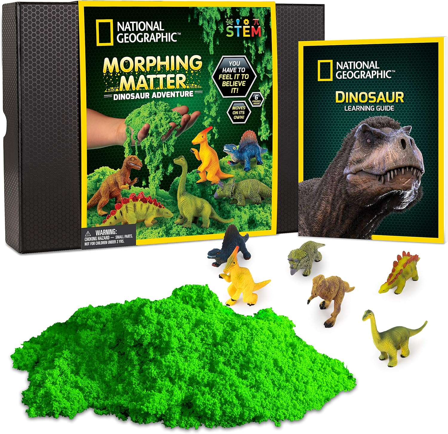 NATIONAL GEOGRAPHIC Morphing Matter Dinosaur Kit – 3 Cups of Morphing Matter, 6 Dinosaur Figures, Package Converts Into Play Setting, Astounding Kinetic Sensory Activity for Kids