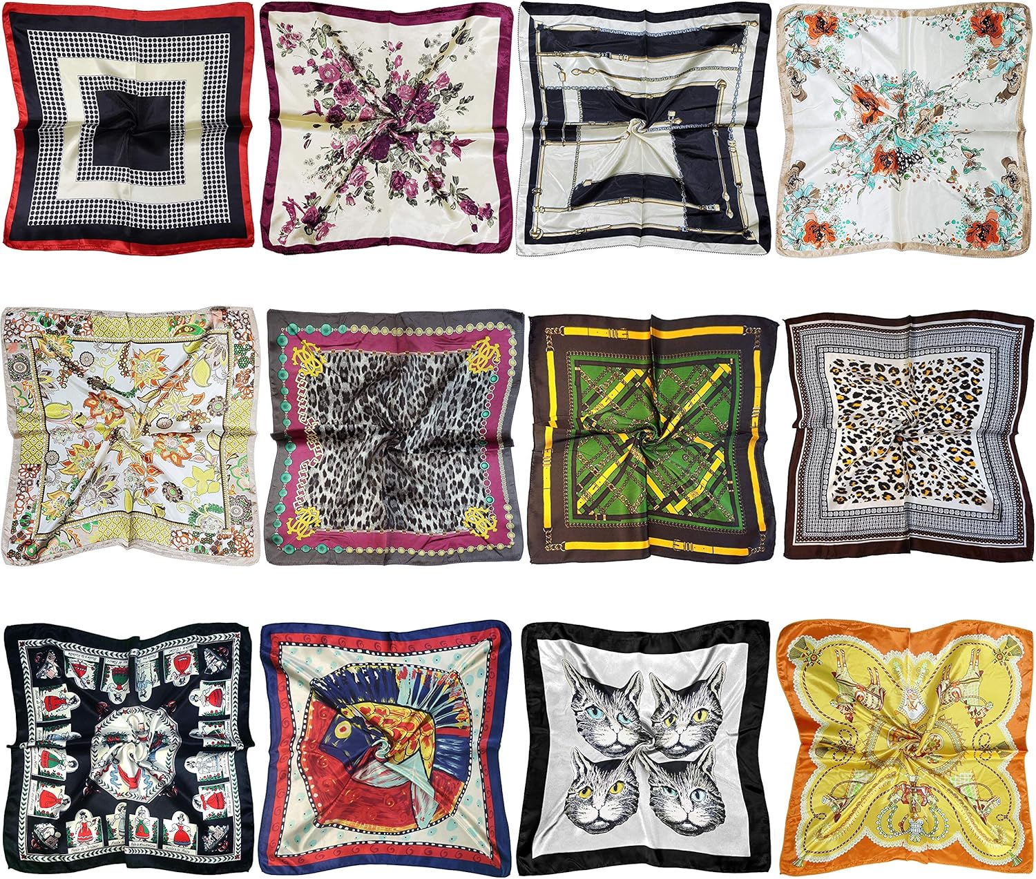 LilMents 12 Mixed Designs Small Square Satin Womens Neck Head Scarf Scarves Bundle Lot Set (Set B) at  Women’s Clothing store