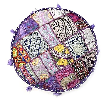 Sai Ram Handicrafts Rustic Khambadia Handmade Ottoman Round Pouf Footstool Hassock Throw Pouf Covers-Purple-set of 2