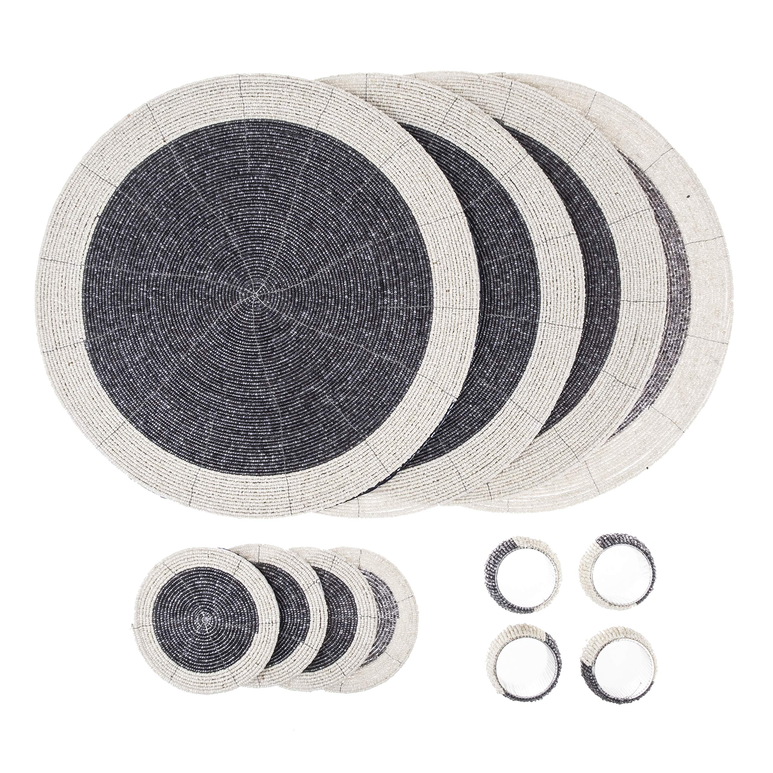 Penguin Home Handcrafted Glass Beaded Round Placemats, Coasters & Napkin Rings Set of 12 - Handmade Table Place Mats for Dining - 32 cm (13") Diameter (Grey and White)