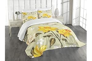 Ambesonne Flower Bedspread Set, Classy Spring Floral Narcissus Branch Pattern with Dots and Line Art, 3 Piece Decorative Bedding Coverlet and 2 Pillow Shams, Queen Size, Yellow Khaki Cream