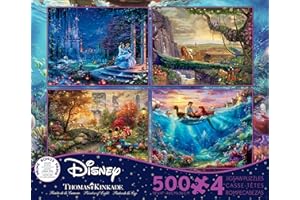 Ceaco - 4 in 1 Multipack - Thomas Kinkade - Disney Dreams Collection - Cinderella, The Lion King, Mickey and Minnie, & The Little Mermaid - (4) 500 Piece Jigsaw Puzzles , Blue