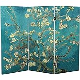 Red Lantern Double Sided Works of Van Gogh Canvas Folding Screen - Almond Blossoms/Wheat Field, 3 ft Short - 3 Panel