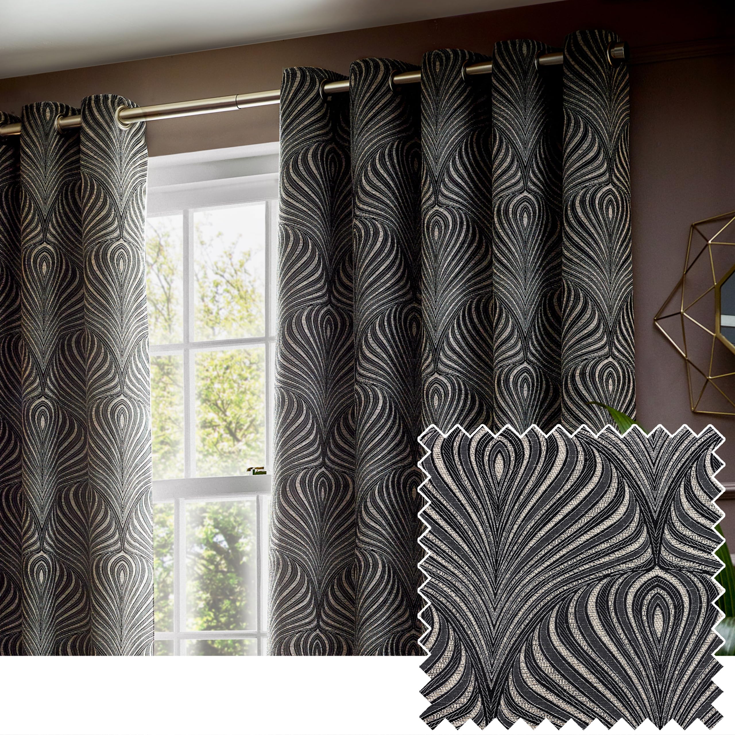 Paoletti Gatsby Jacquard Eyelet Curtains - 2 Panels - Width x Drop - 117 x 183cm (46 x 72") - Black