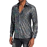 Pixiemain Mens 70s 60s Disco Shirt Metallic Party Costume Long Sleeve Button Down Shirts