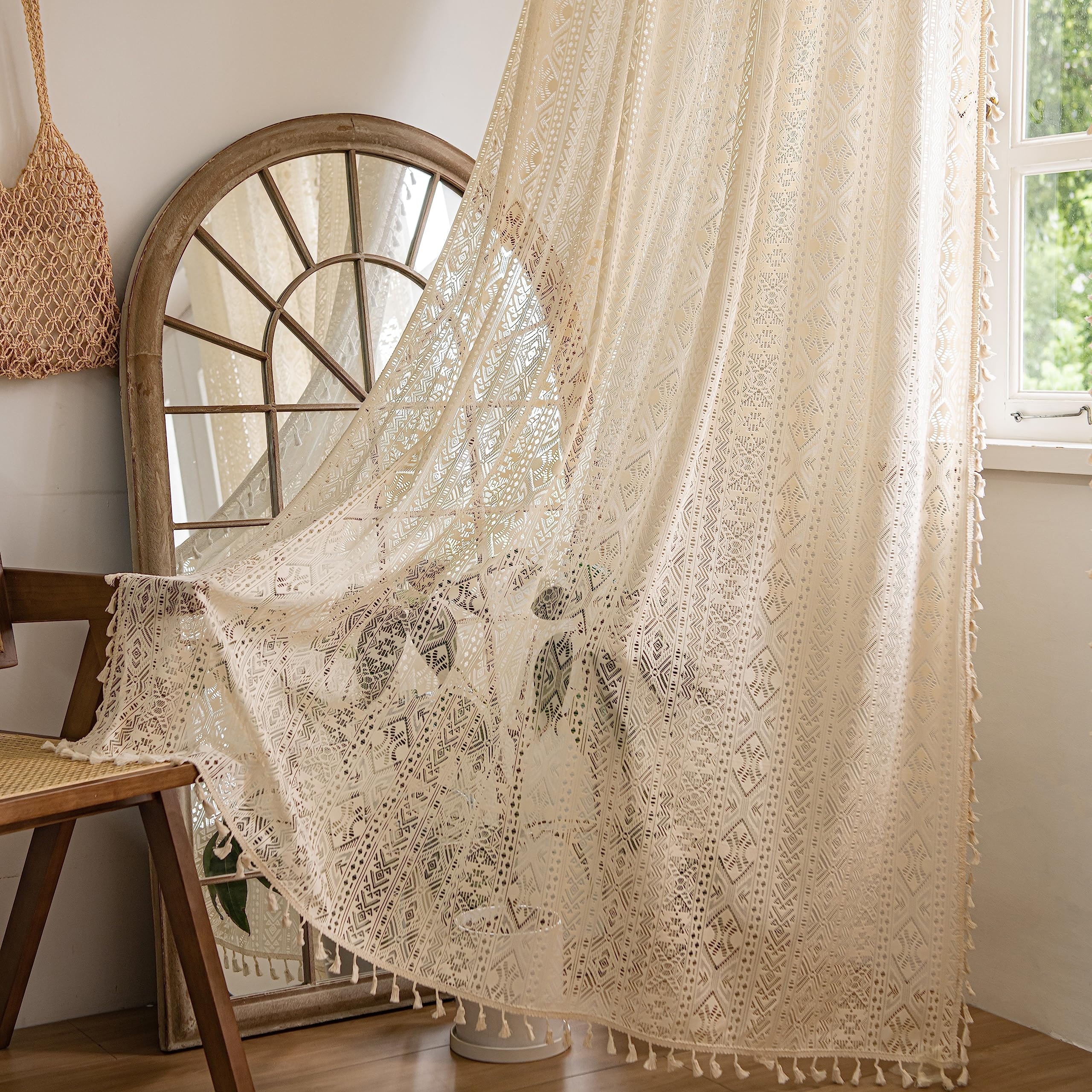 Photo 1 of Sutuo Home Boho Curtains 84 Inches Length 2 Panels for Bedroom, Window Treatments Bohemian Sheer Crochet Lace Vintage Cotton Drapes Pair, Beige Geometry Handmade Tassels Rod Pocket, 52" x 84"