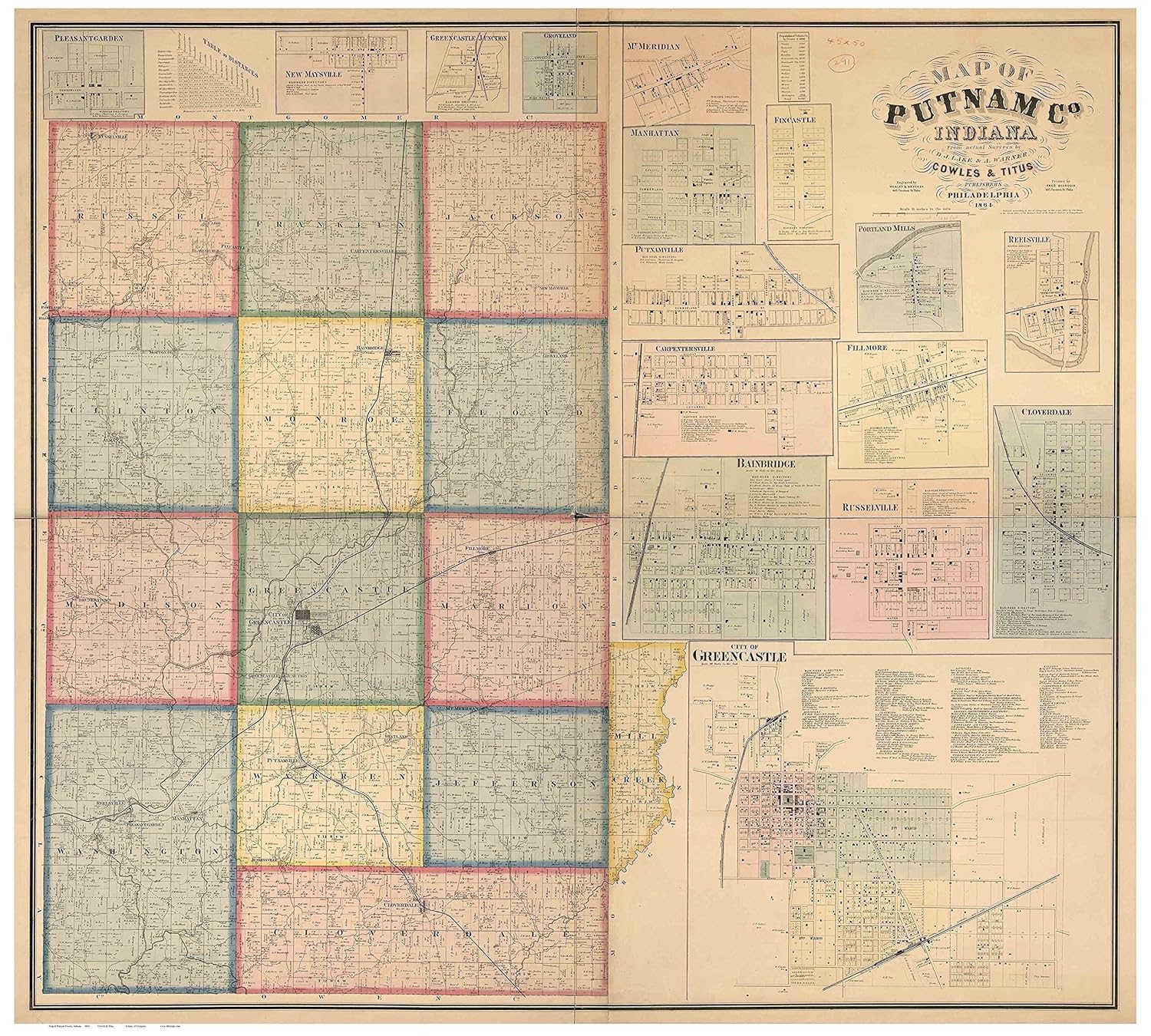 Putnam County Indiana 1864 Wall Map with Homeowner Names