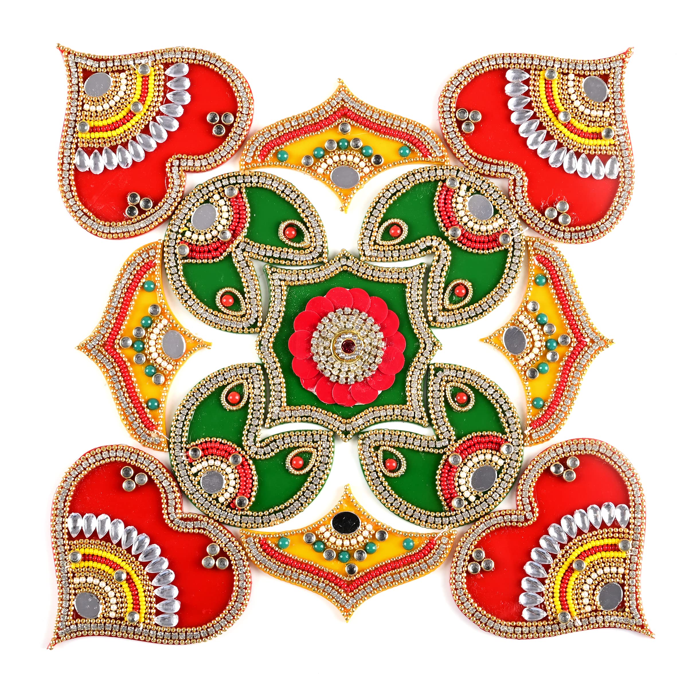 Floor Rangoli Acrylic Handcrafted Indian Traditional Home Décor for Festival Wedding Party Wall Interior Decoration and Gifting (Red Green Design-3)