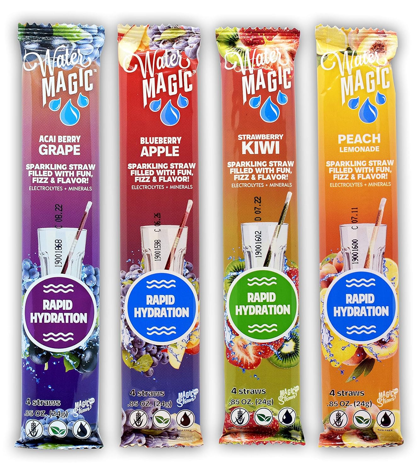 Water Magic Straws, Rapid Hydration with Electrolytes, Acai Berry Grape, Strawberry Kiwi, Blueberry Apple, Peach Lemonade Flavored Straws 4-pack (16 count), Gluten Free, from the Makers of Milk Magic