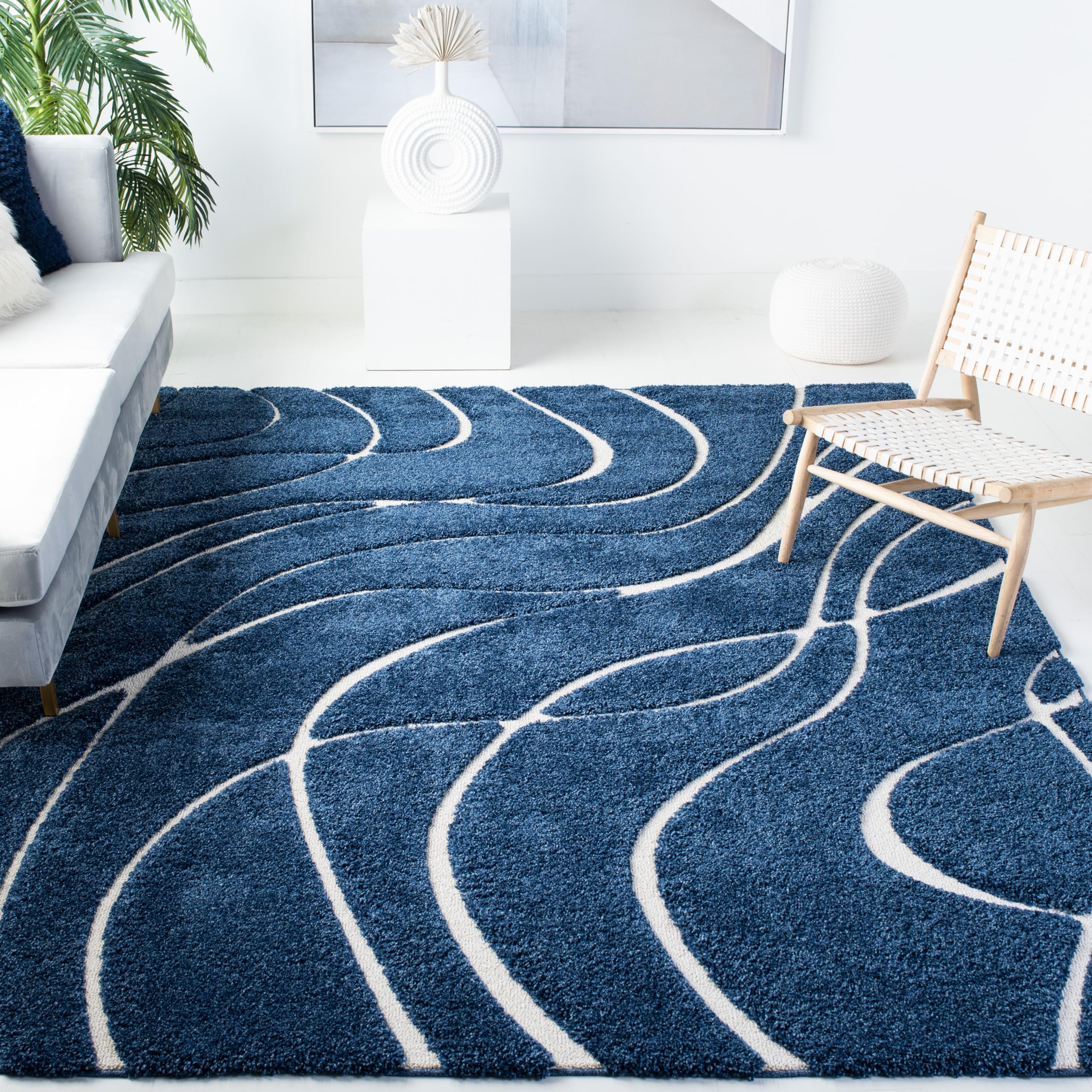 SAFAVIEH Florida Shag Collection Area Rug - 8'6" x 12', Navy & Ivory, Non-Shedding & Easy Care, 1.2-inch Thick Ideal for High Traffic Areas in Living Room, Bedroom (SG471-6512) Image