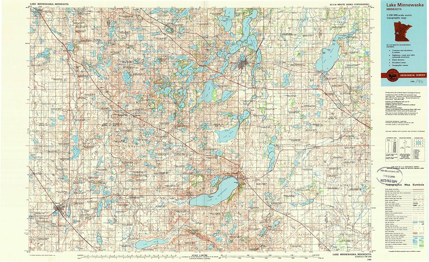 YellowMaps Lake Minnewaska MN topo map, 1:100000 Scale, 30 X 60 Minute, Historical, 1986, Updated 1990, 23.6 x 38.5 in