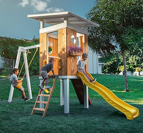 Avenlur Modern Outdoor Backyard Swing Set Children's Rock Climbing Wood  Playground Playset Belt Swings, Clubhouse Fort, Windows, Ladder, Wavy  Slide