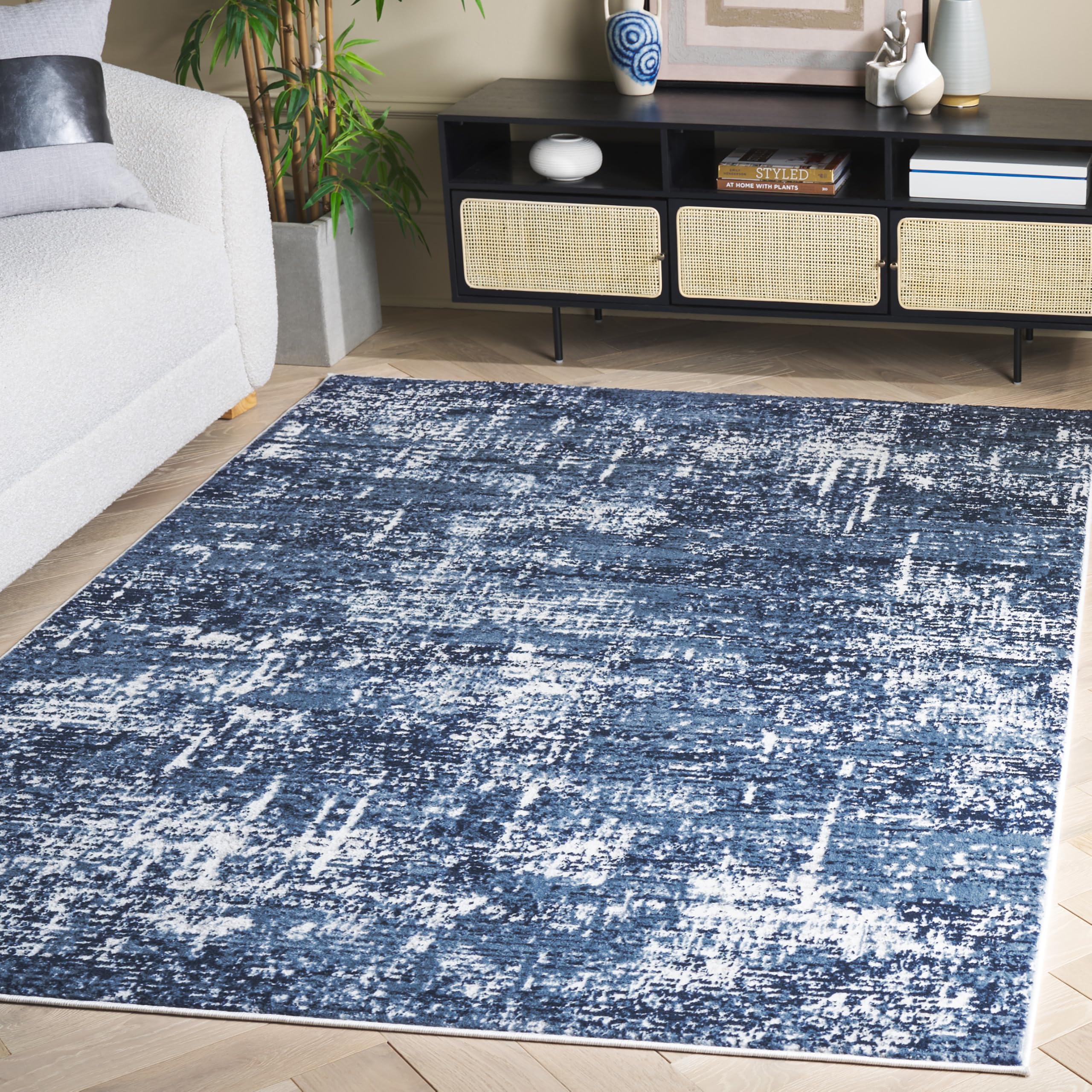 SAFAVIEH Amelia Collection Area Rug - 9' x 12', Ivory & Dark Blue, Modern Abstract Design, Non-Shedding & Easy Care, Ideal for The Living Room, Dining, Bedroom (ALA700M) Image