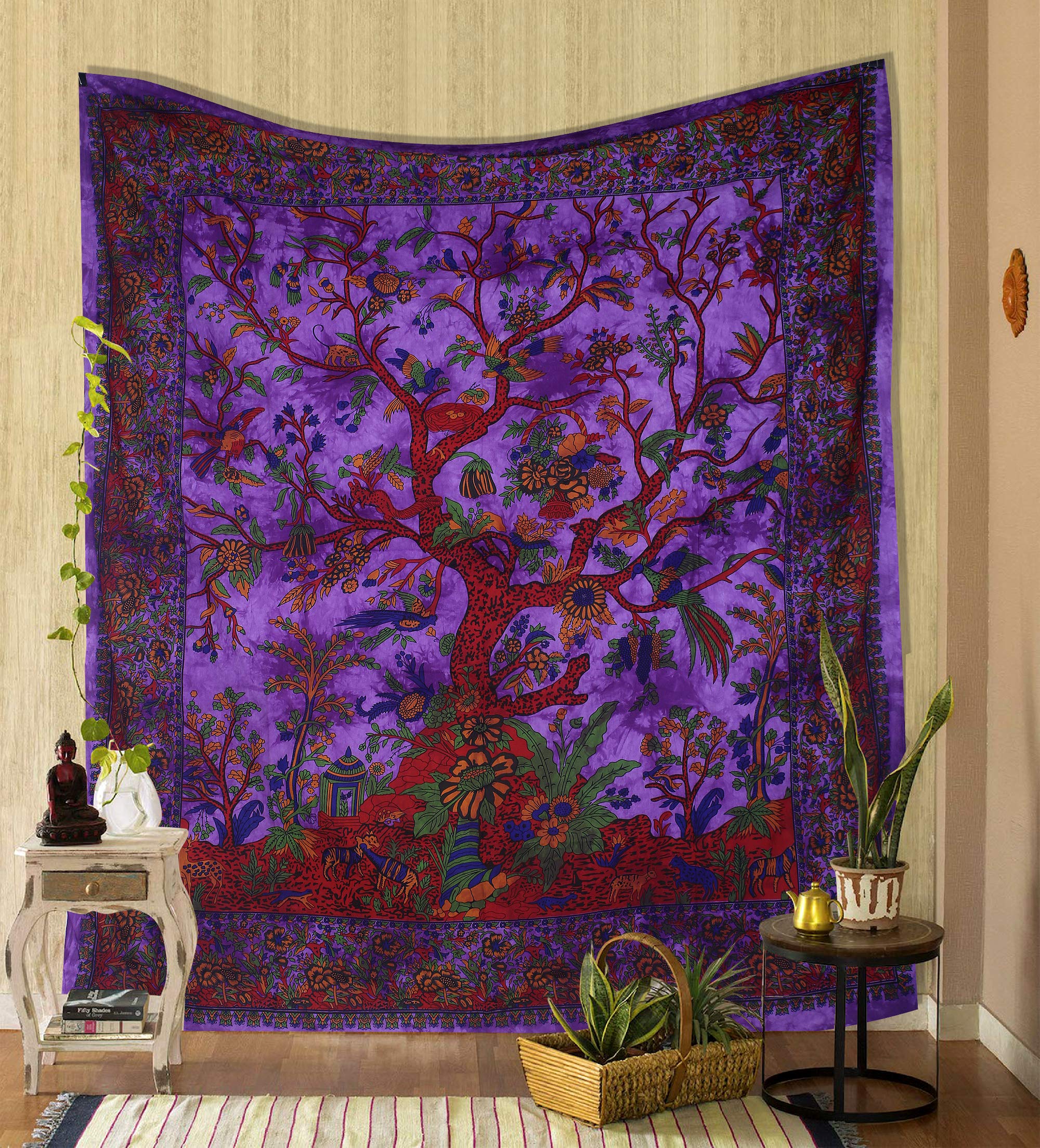 THE ART BOX Tapestry Purple Tree of Life Wall Hanging – Indian Cotton Full-Size Bedspread, Picnic Sheet, Wall Decor, Blanket, Wall Art for Bedroom (85x90 Inch)