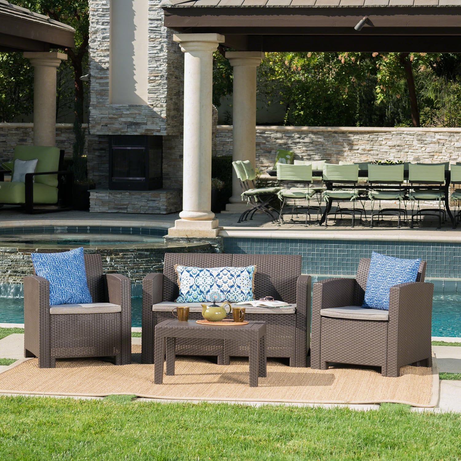 Christopher Knight Home Daytona Outdoor Faux Wicker Rattan Style Chat Set with Water Resistant Cushions, 4-Pcs Set, Brown / Mix Beige