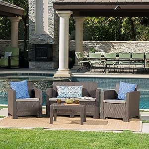 Christopher Knight Home Daytona Outdoor Faux Wicker Rattan Style Chat Set with Water Resistant Cushions, 4-Pcs Set, Brown / Mix Beige