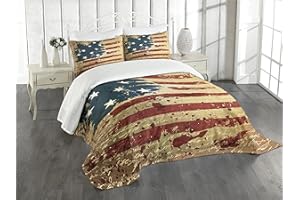 Lunarable American Flag Bedspread, Vintage Revival Inspired Murky Dirty National Pattern Hand Writing Art, Decorative Quilted 3 Piece Coverlet Set with 2 Pillow Shams, Queen Size, Beige and Ruby