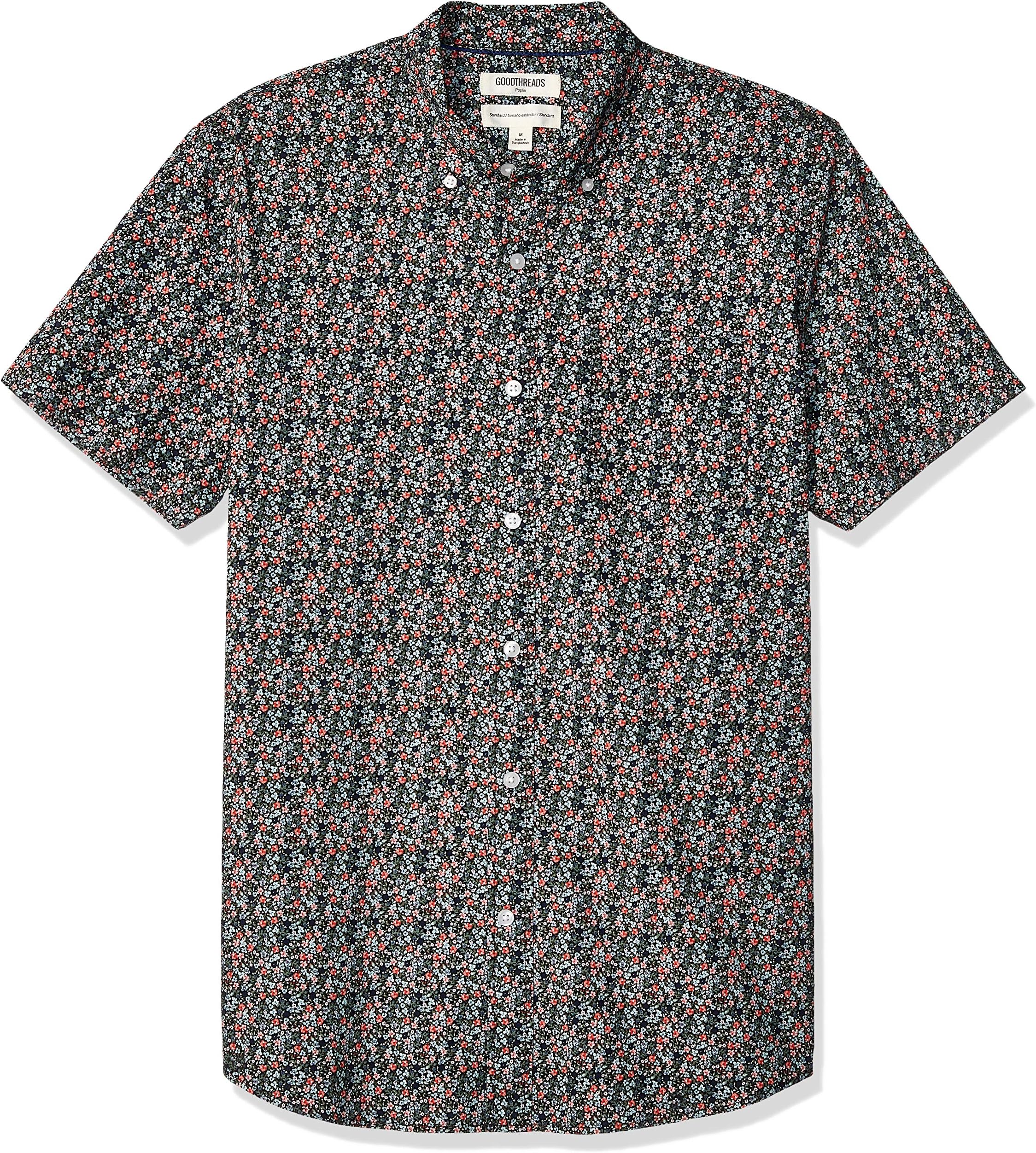 Men's Standard-Fit Short-Sleeve Printed Poplin Shirt, Pink, Floral, Large