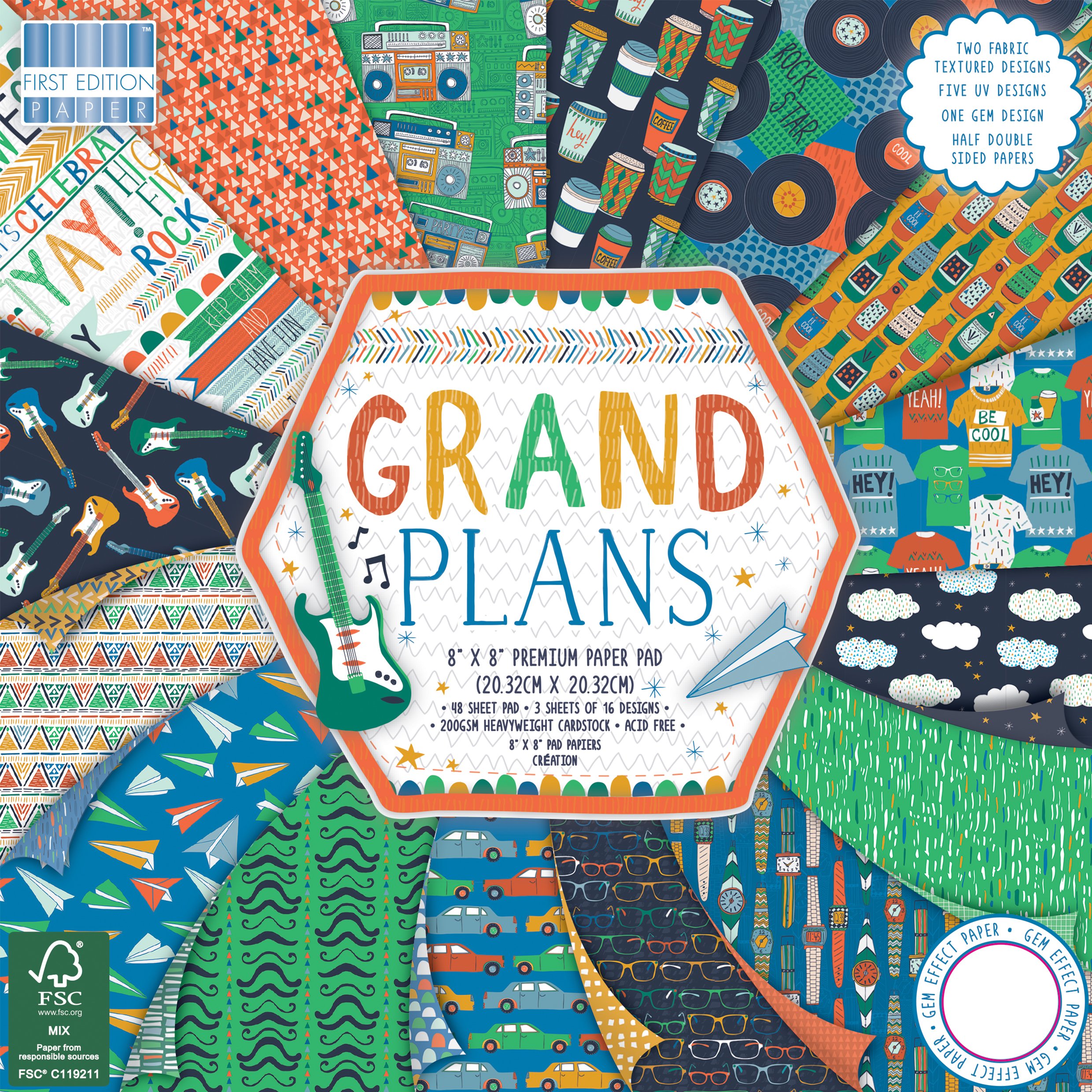 FEPAD159 | Grand Plans Premium Paper Pad 8" x 8" | 48 Sheet Pad | 200gsm Heavyweight Cardstock | Acid & Lignin Free, Soy Inks | FSC | For Card Making, Scrapbooking, Home Décor & Papercraft