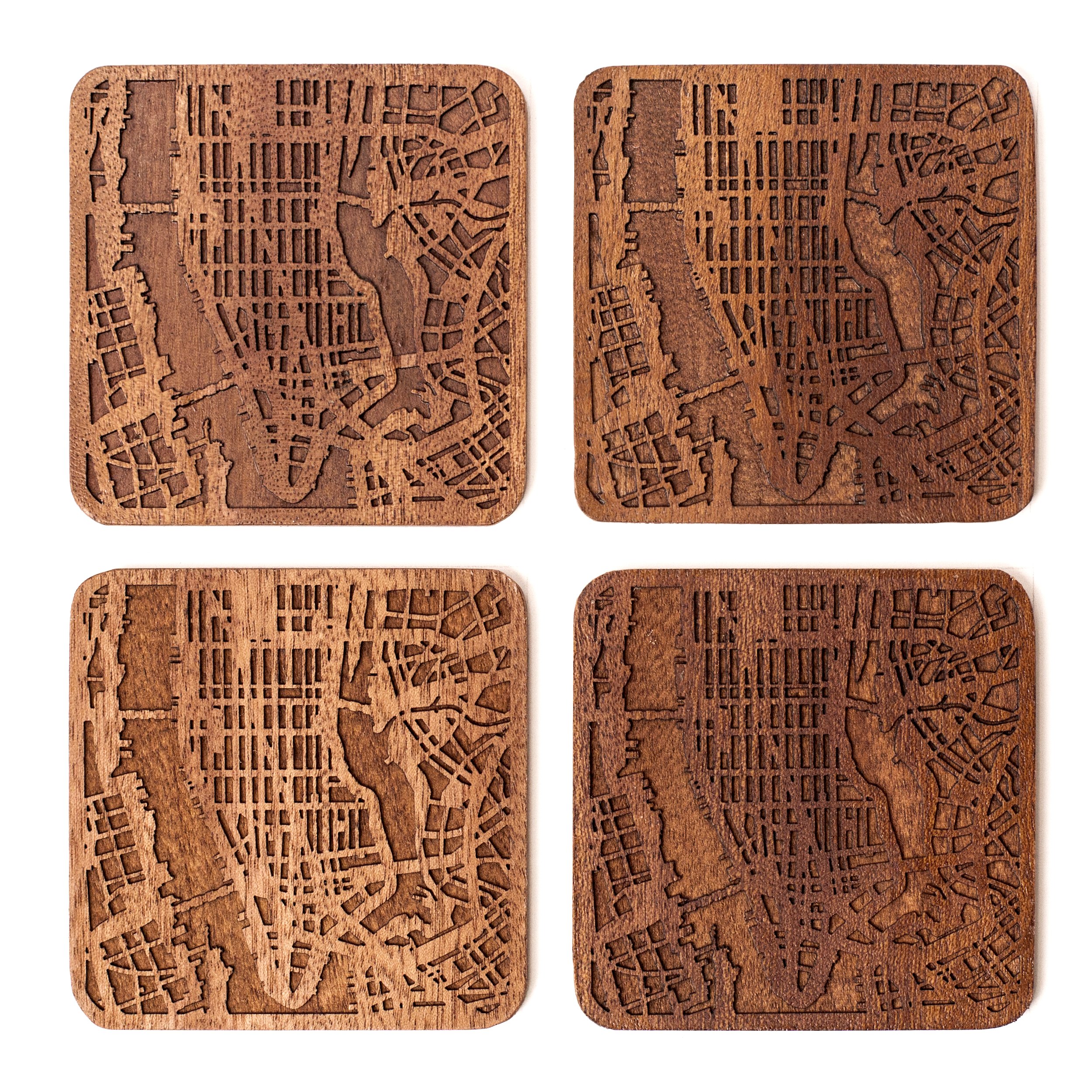 Manhattan, NY Map Coaster, Set of 4, Sapele Wooden Coaster with City Map, Handmade