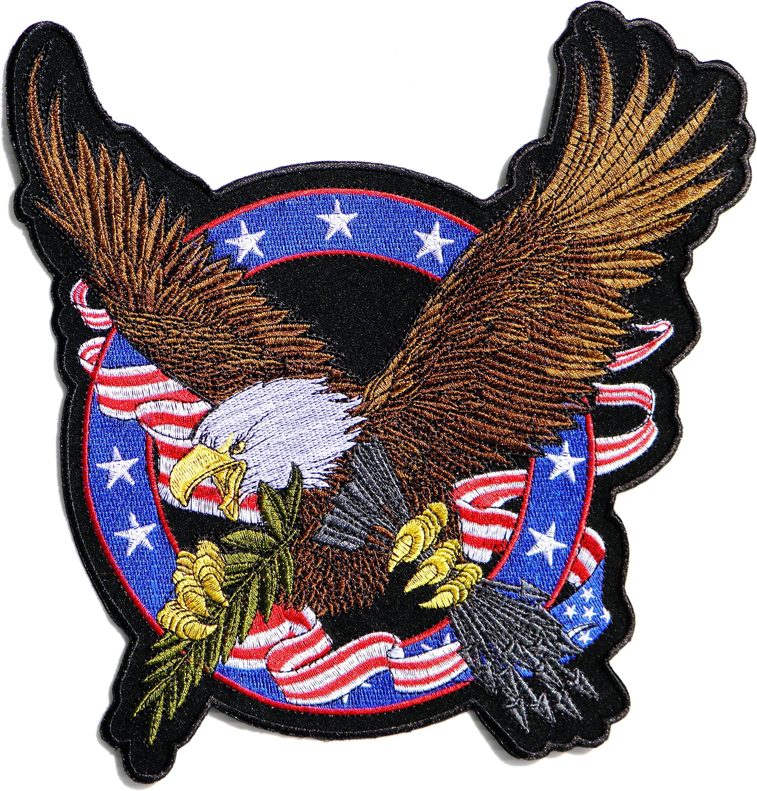 9.5" Large Hawk American Bald Eagle Olive Branch US USA Flag Star Outlaw MC Biker Punk Rock Heavy Metal Jacket T-shirt Patch Iron on Applique Embroidered Jacket T shirt Sign Costume