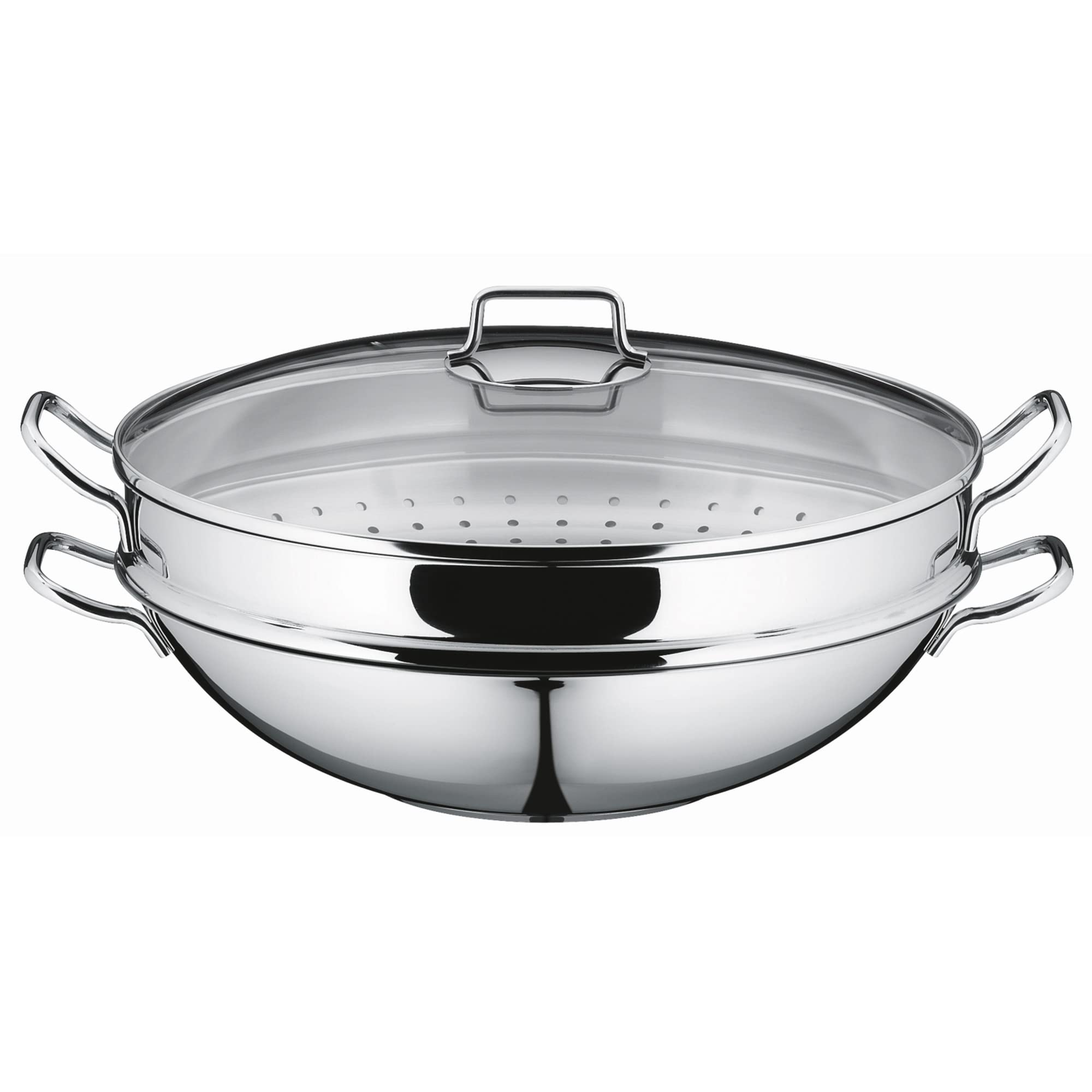 WMF Macao Wok Induktion 4-teilig, Wokpfanne 36 cm mit Glasdeckel, Ablagegitter, Dämpfereinsatz, Wokpfanne Induktion, Cromargan Edelstahl poliert, unbeschichtet