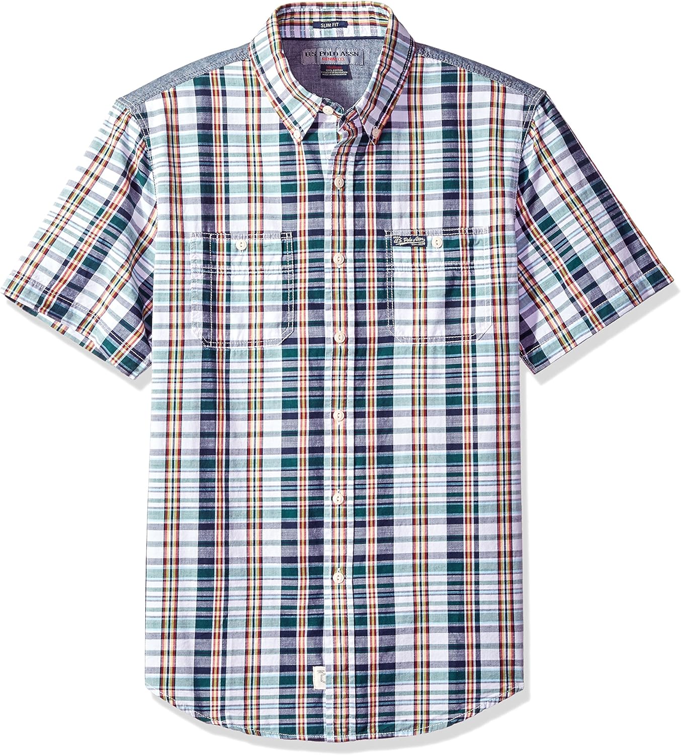 U.S. POLO ASSN. Men's Short Sleeve Slim Fit Plaid Shirt, Dunes Green