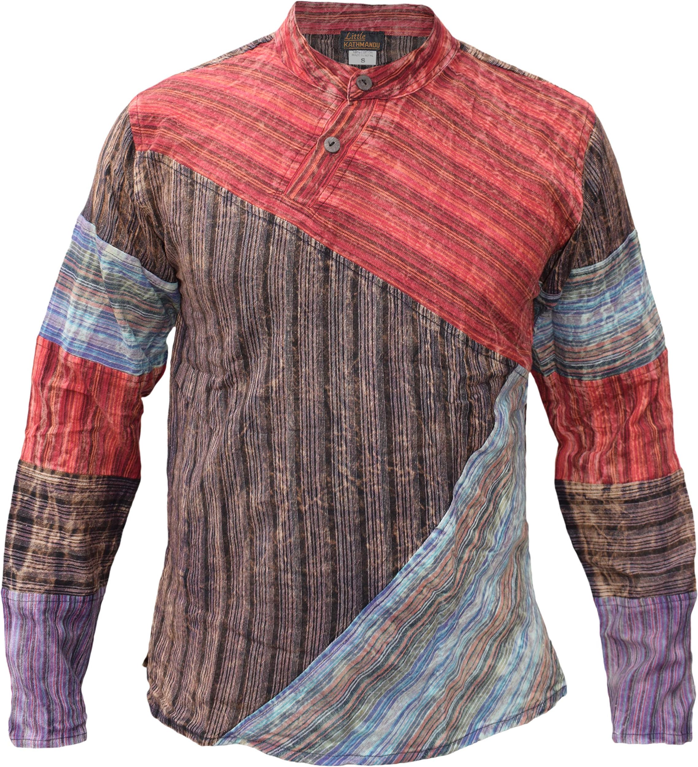 Gheri Mens Cotton Criss Cross Patchwork Striped Side Neck Buttoned Grandad Shirts