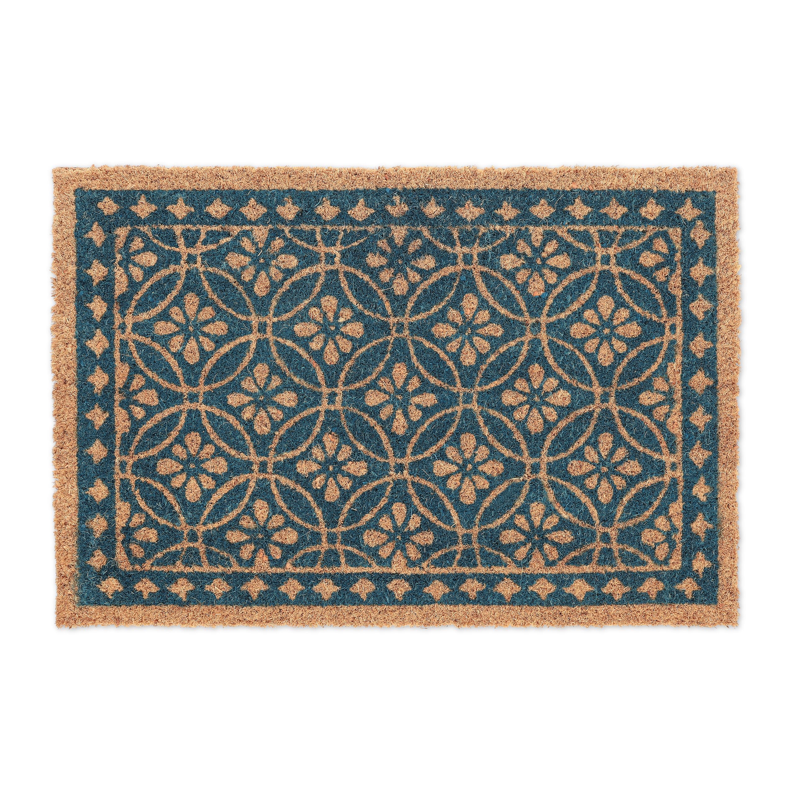 Relaxdays Doormat Coir Floral Pattern, 40x60 cm, Door Mat Inside & Outside, Non-Slip Wiper, Rectangular, Dark Blue/Coir