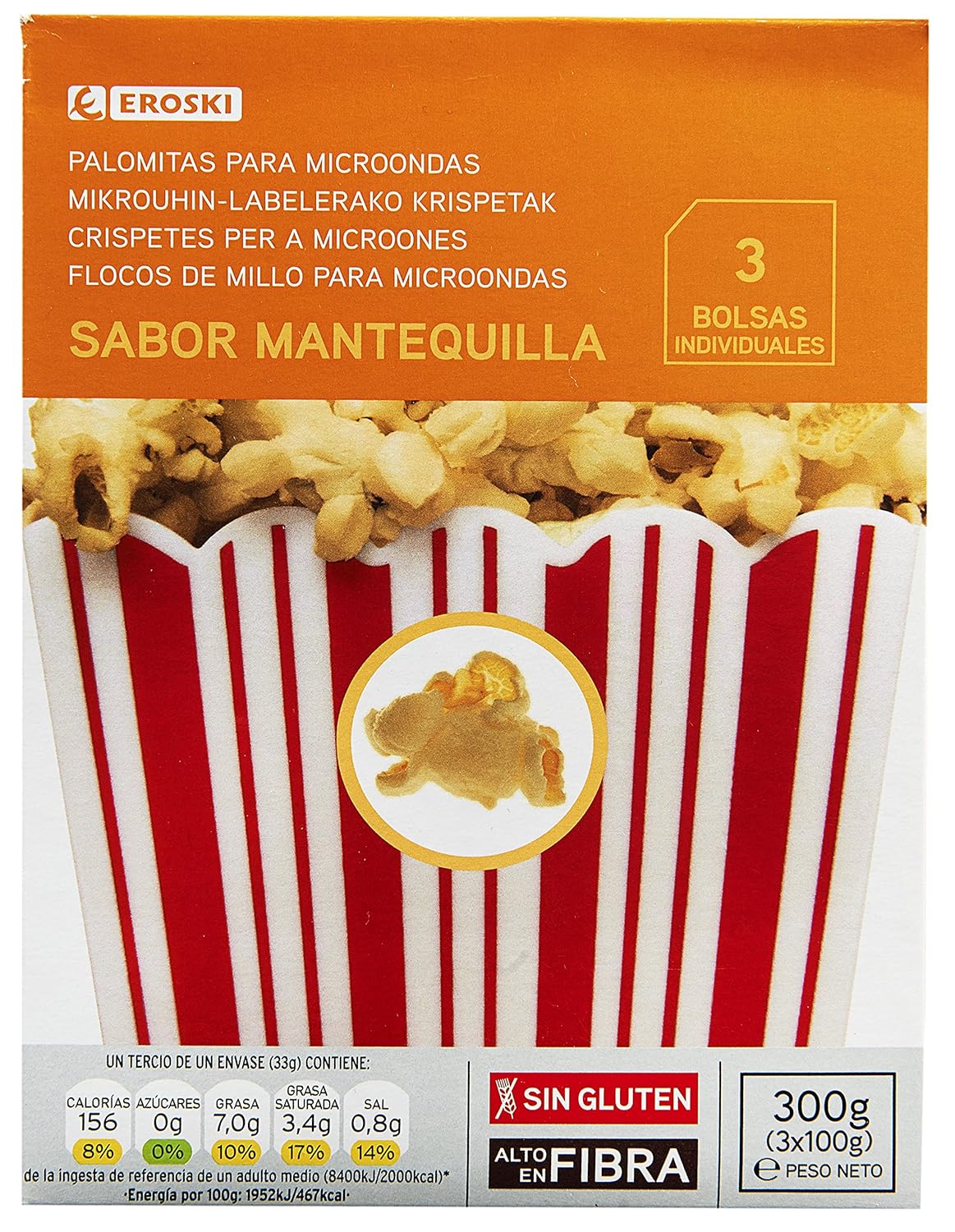 Eroski Palomitas sabor mantequilla para microondas - Paquete de 3 ...