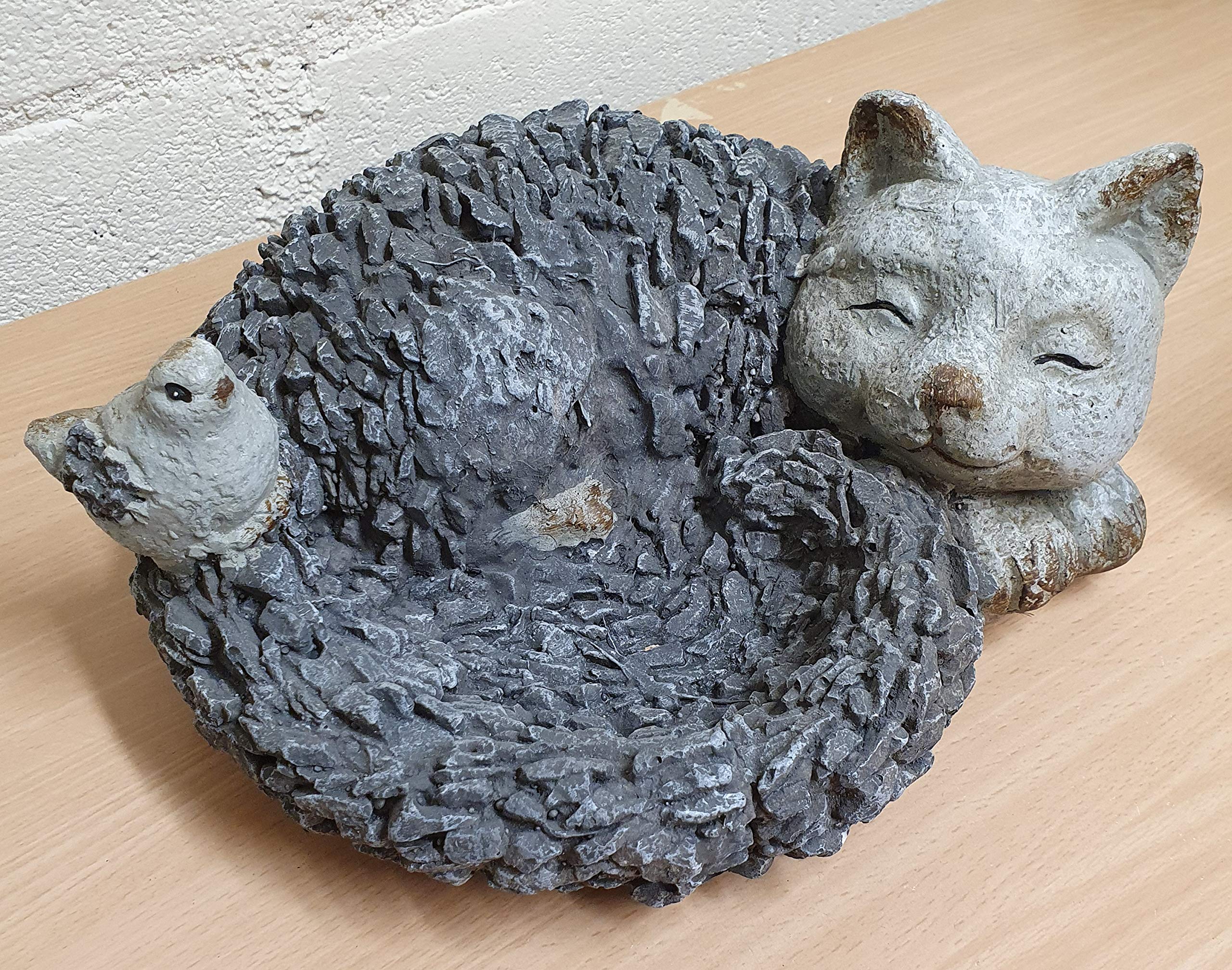 Widdop Cat with Robin Stone Effect Bird Feeder Garden Ornament