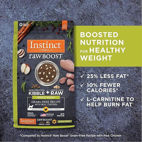 INSTINCT RAW BOOST HEALTHY WEIGHT, NATURAL DRY CAT FOOD WITH FREEZE DRIED PIECES, GRAIN FREE RECIPE – REAL CHICKEN, 10 LB. BAG