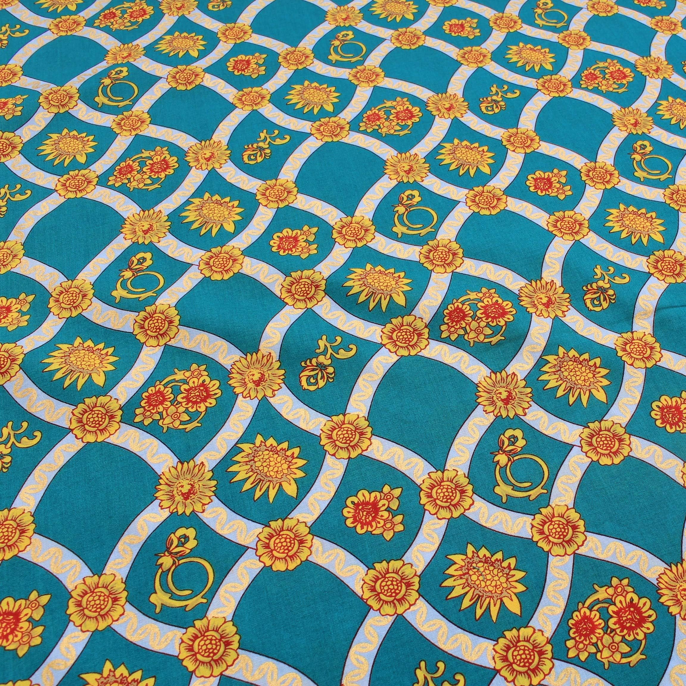 100% Cotton Lawn Vintage Sunflower Fabric 60" Wide- by The Metre (Teal)