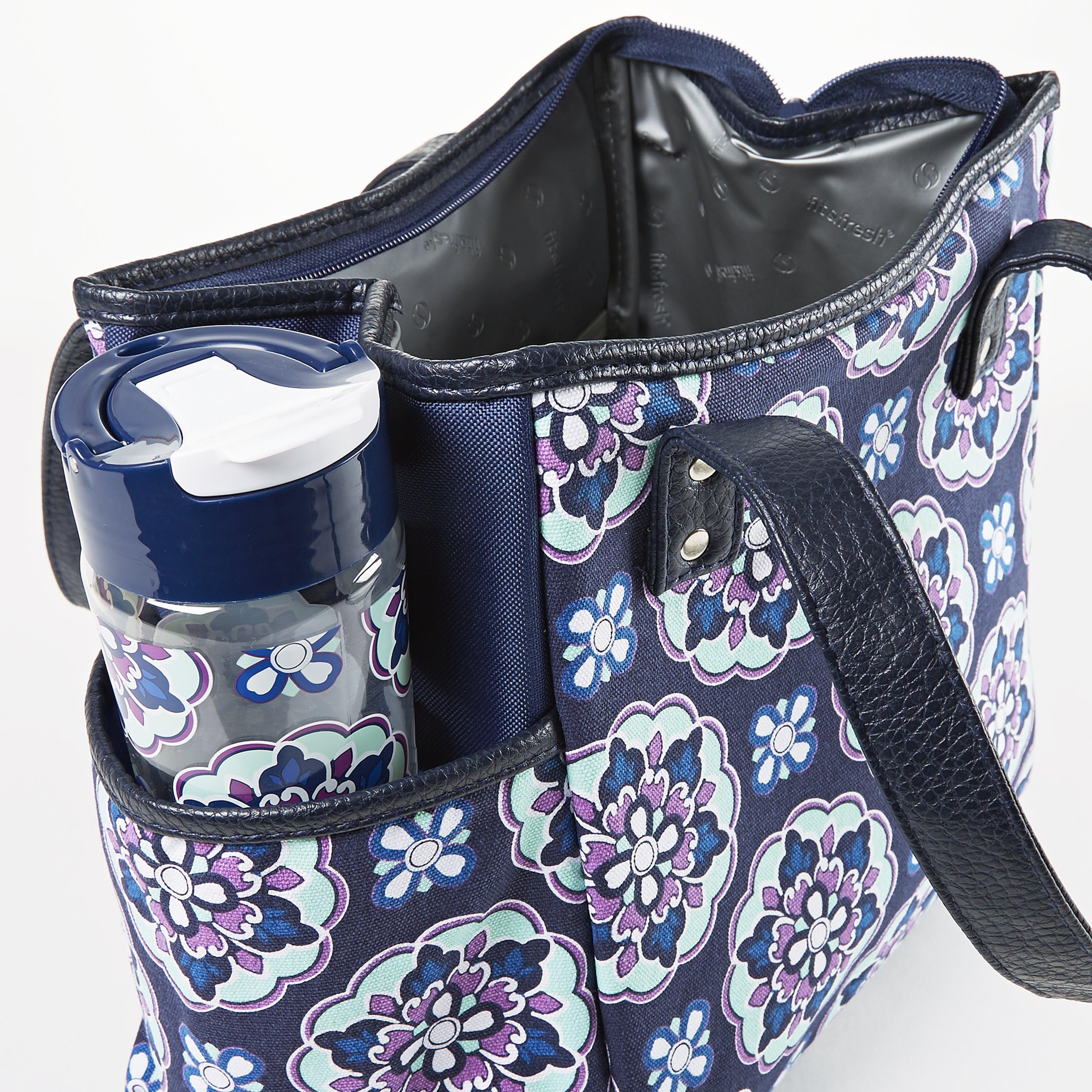 Fit & Fresh Ladies' Westerly Insulated Lunch Bag Set with Reusable Containers and 20 oz Matching Water Bottle, Zipper Closure, Pocket (Navy Vintage Flower)