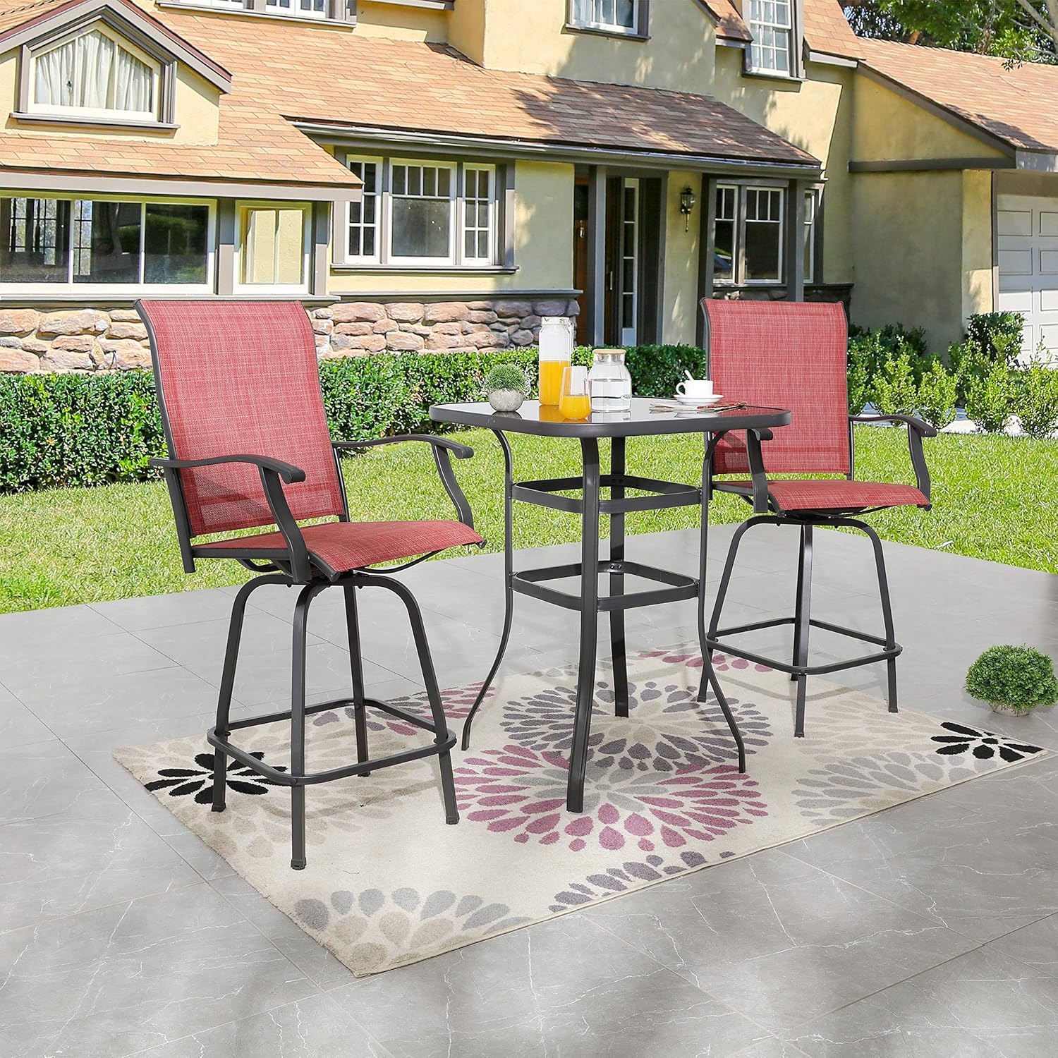 LOKATSE HOME 3 Pcs Bar Stools Set 2 High Swivel Chairs and 1 Height Outdoor Bistro Table, Patio Furniture, Red Tesling Fabric : Garden & Outdoor