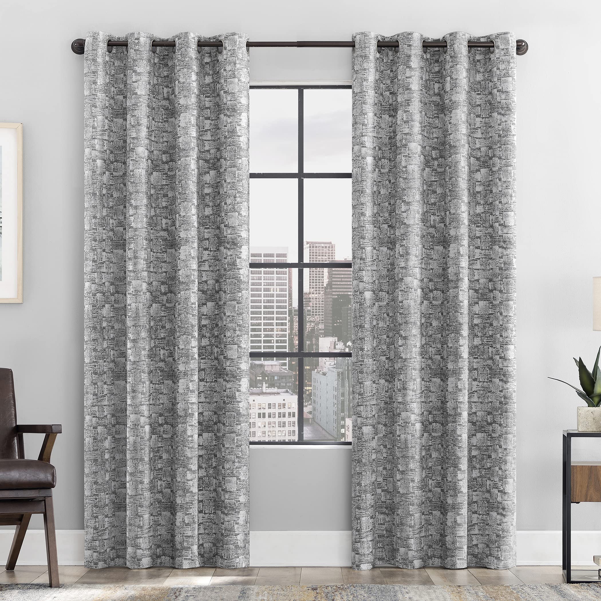 Scott Living Osaka Inverted Brushstrokes Cotton Blend Total Blackout Grommet Curtain Panel, 50" x 84", Gray