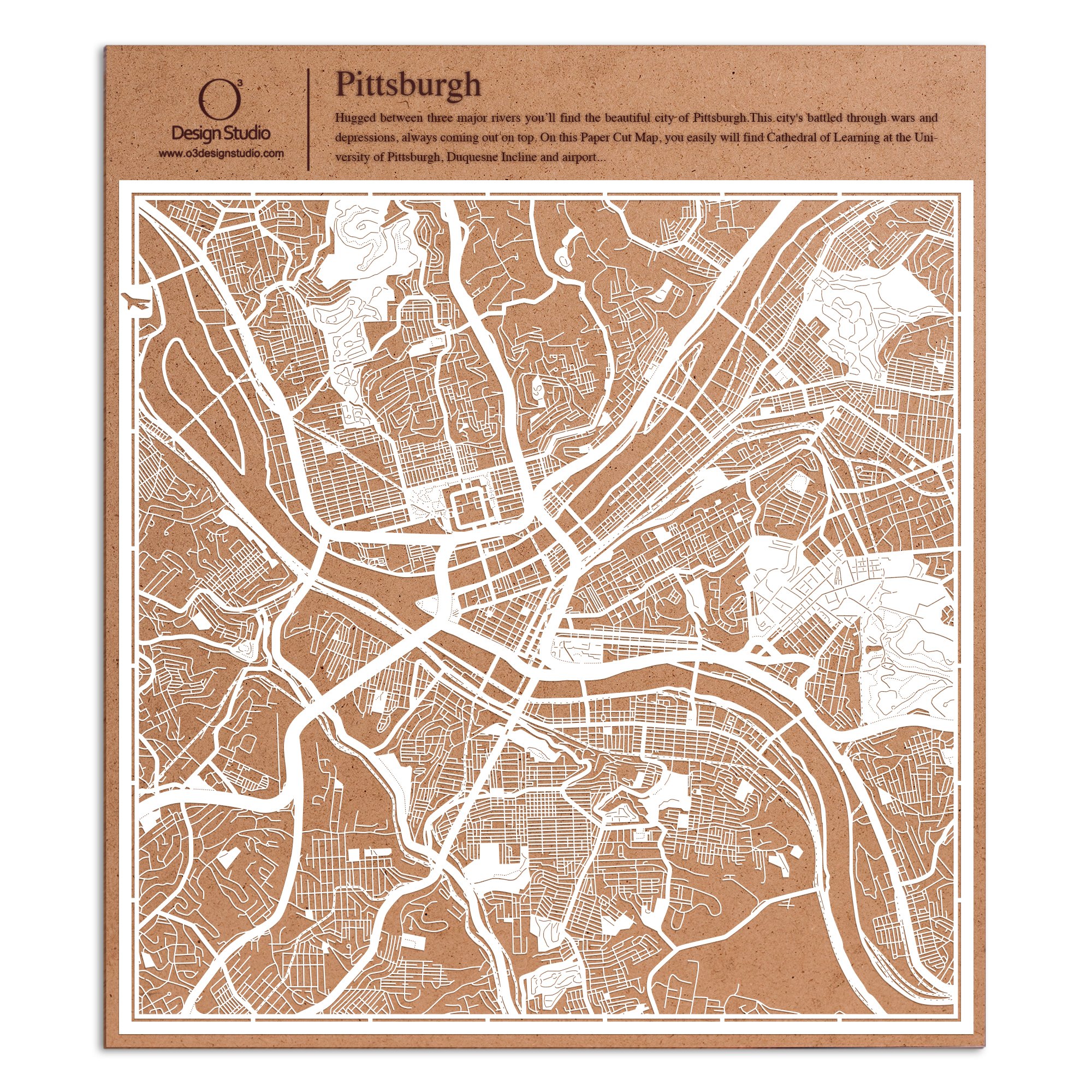 Pittsburgh Paper Cut Map by O3 Design Studio White 30x30 cm Paper Art