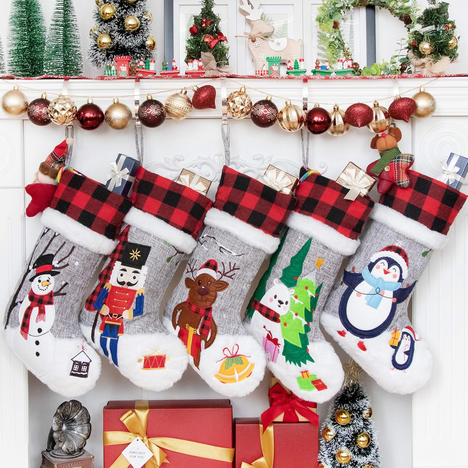 Stockings & Holders - Set of 5 Christmas Stockings Gray Burlap Buffalo Red Plaid Soft Faux Fur 20 Inches Lovely Embroidery Pattern for Family Decorations Hanging Ornament for Xmas Holiday Party