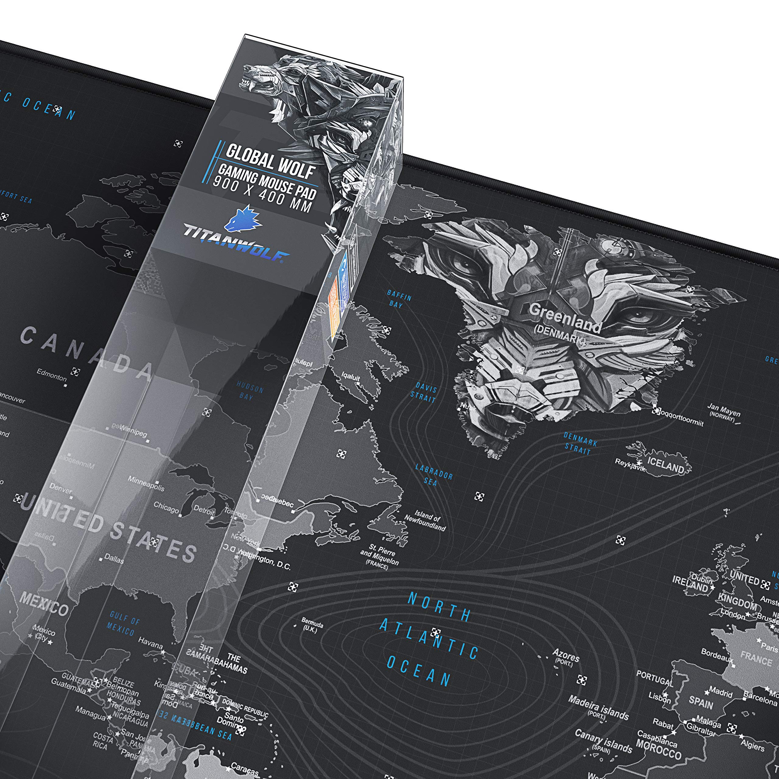TITANWOLF XXL Speed Gaming Mauspad - 900 x 400mm - XXL Mousepad - Tischunterlage Large Size - verbessert Präzision und Geschwindigkeit - rutschfest - Design Weltkarte Wolfskopf 5