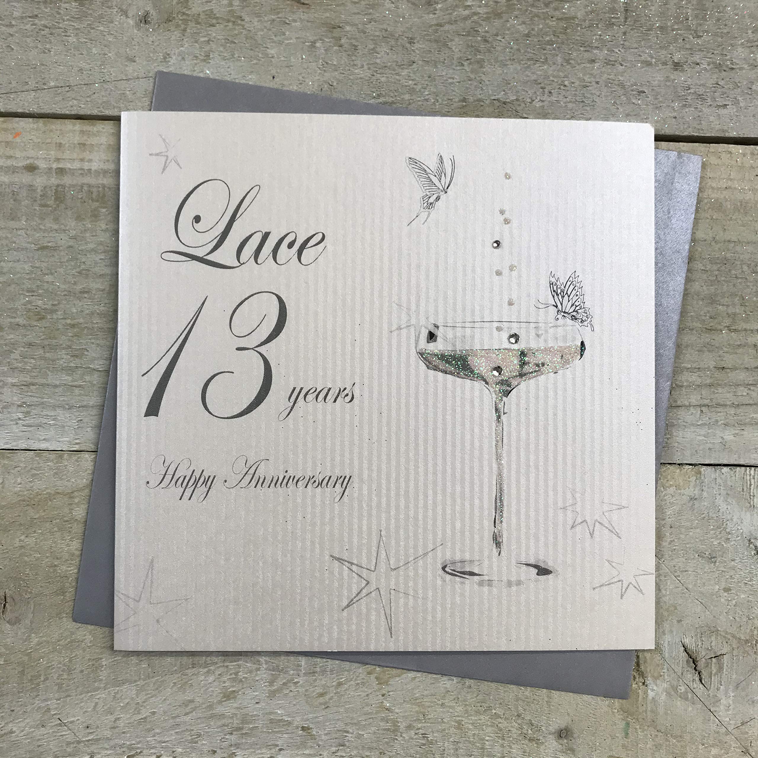 White Cotton Cards BD113C Coupe Glass "Happy Anniversary 'Lace' 13 Years" Handmade Anniversary Card, White,16cm X 16 cm