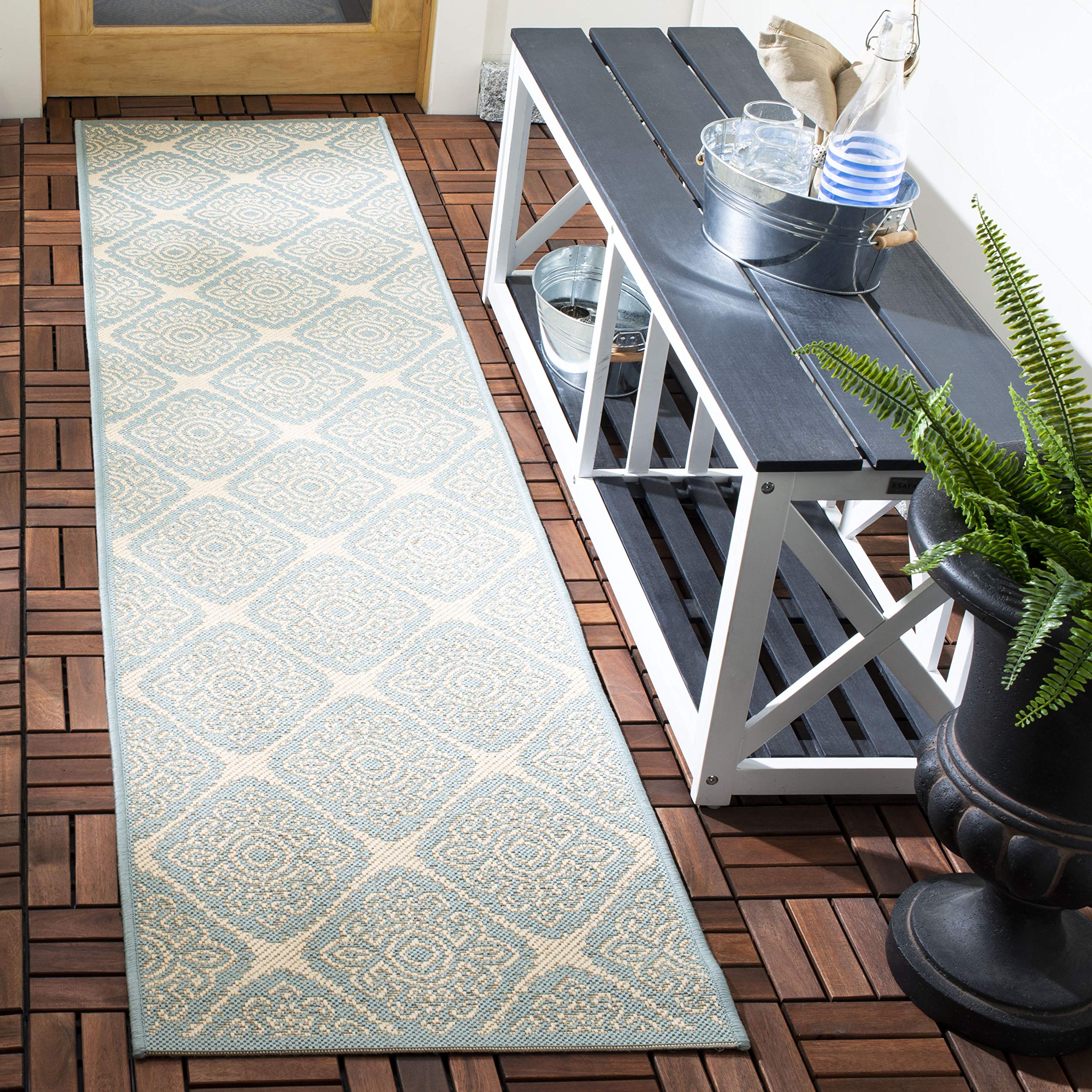 Safavieh Medallion Indoor/Outdoor Woven Rectangle Area Rug, Beachhouse Collection, BHS132, in Cream / Aqua, 79 X 152 cm for Garden, Patio or Any Outdoor Space