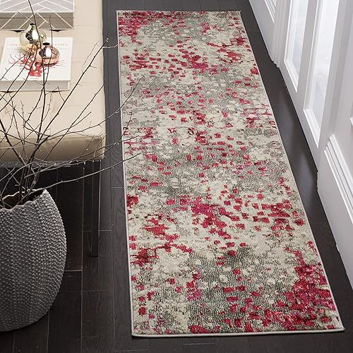 Safavieh Monaco Collection MNC225R Boho Chic Abstract Watercolor Non-Shedding Stain Resistant Living Room Bedroom Runner, 2'2" x 8' , Grey / Fuchsia